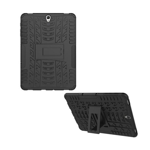 Samsung Galaxy Tab S3 9.7 SM-T820 / T825, Műanyag hátlap védőtok, Defender, kitámasztóval és szilikon belsővel, autógumi minta, fekete