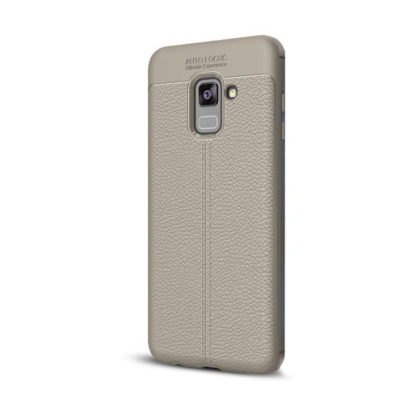 Samsung Galaxy A8 (2018) SM-A530F, TPU szilikon tok, bőrhatású, varrásminta, szürke