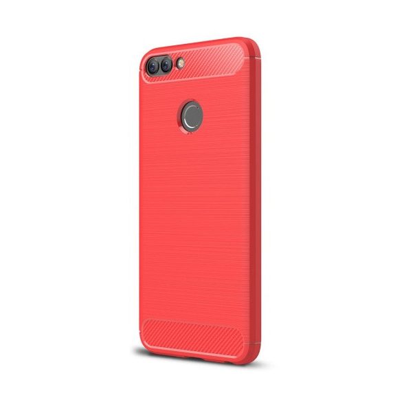 Huawei P Smart / Enjoy 7S, TPU szilikon tok, közepesen ütésálló, szálcsiszolt, karbon minta, piros