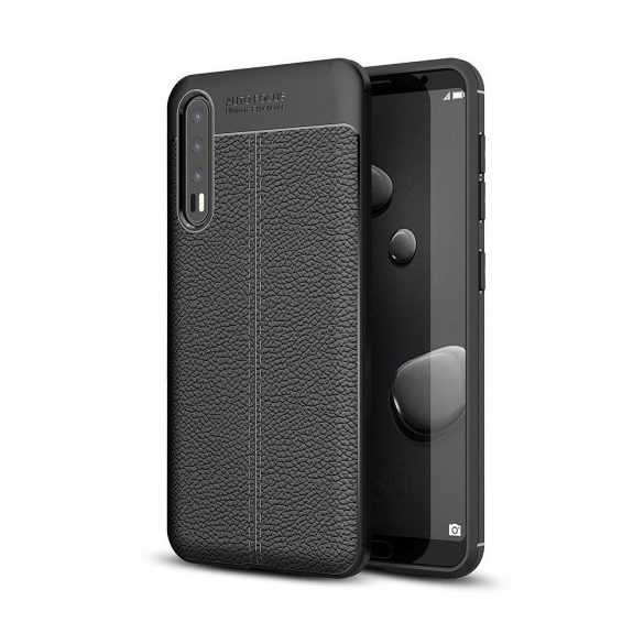 Huawei P20 Pro, TPU szilikon tok, bőrhatású, varrásminta, fekete