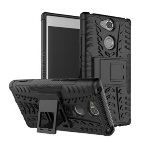 Sony Xperia XA2, Műanyag hátlap védőtok, Defender, kitámasztóval és szilikon belsővel, autógumi minta, fekete