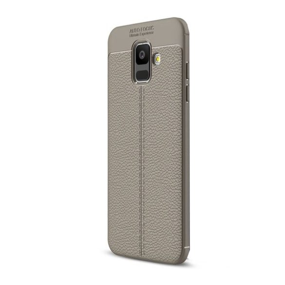 Samsung Galaxy A6 (2018) SM-A600F, TPU szilikon tok, bőrhatású, varrásminta, szürke