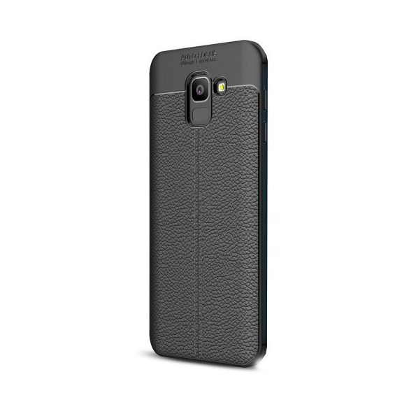 Samsung Galaxy J6 (2018) SM-J600F, TPU szilikon tok, bőrhatású, varrásminta, fekete