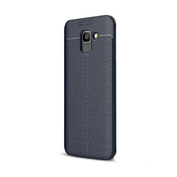 Samsung Galaxy J6 (2018) SM-J600F, TPU szilikon tok, bőrhatású, varrásminta, sötétkék