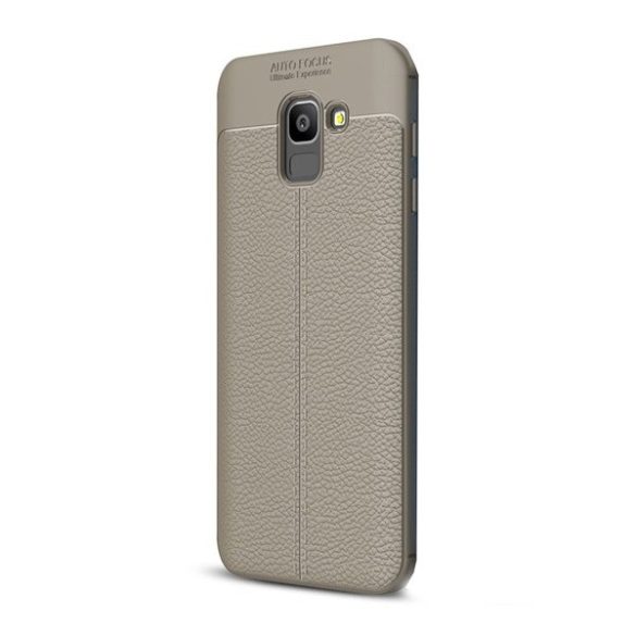 Samsung Galaxy J6 (2018) SM-J600F, TPU szilikon tok, bőrhatású, varrásminta, szürke
