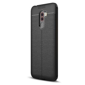 Xiaomi Pocophone F1, TPU szilikon tok, bőrhatású, varrásminta, fekete