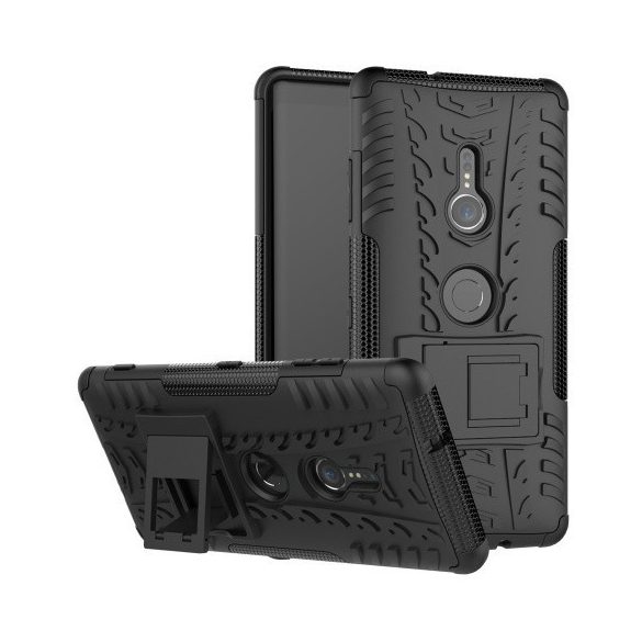 Sony Xperia XZ3, Műanyag hátlap védőtok, Defender, kitámasztóval és szilikon belsővel, autógumi minta, fekete