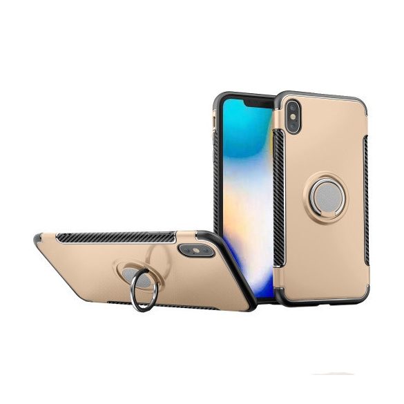 Apple iPhone XS Max, Műanyag hátlap védőtok, szilikon keret, telefontartó gyűrű, karbon minta, arany