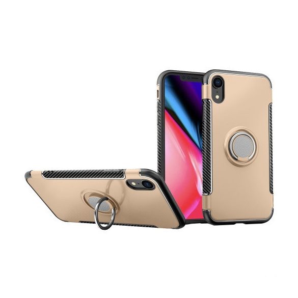 Apple iPhone XR, Műanyag hátlap védőtok, szilikon keret, telefontartó gyűrű, karbon minta, arany