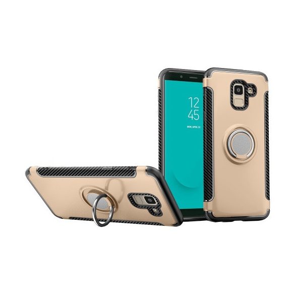 Samsung Galaxy J6 (2018) SM-J600F, Műanyag hátlap védőtok, szilikon keret, telefontartó gyűrű, karbon minta, arany