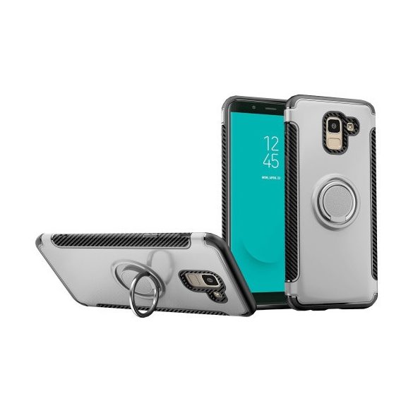 Samsung Galaxy J6 (2018) SM-J600F, Műanyag hátlap védőtok, szilikon keret, telefontartó gyűrű, karbon minta, ezüst