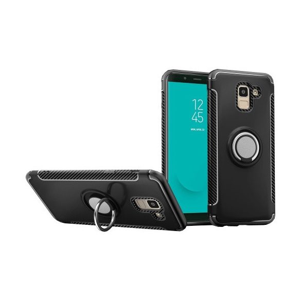 Samsung Galaxy J6 (2018) SM-J600F, Műanyag hátlap védőtok, szilikon keret, telefontartó gyűrű, karbon minta, fekete