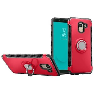 Samsung Galaxy J6 (2018) SM-J600F, Műanyag hátlap védőtok, szilikon keret, telefontartó gyűrű, karbon minta, piros