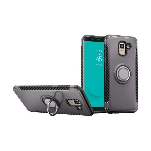 Samsung Galaxy J6 (2018) SM-J600F, Műanyag hátlap védőtok, szilikon keret, telefontartó gyűrű, karbon minta, szürke
