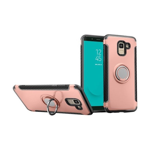 Samsung Galaxy J6 (2018) SM-J600F, Műanyag hátlap védőtok, szilikon keret, telefontartó gyűrű, karbon minta, vörösarany