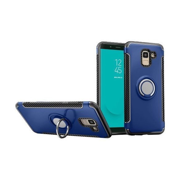 Samsung Galaxy J6 (2018) SM-J600F, Műanyag hátlap védőtok, szilikon keret, telefontartó gyűrű, karbon minta, sötétkék