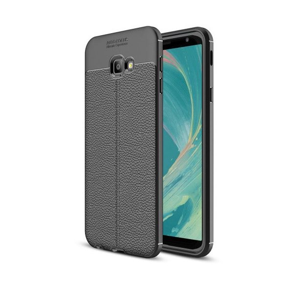 Samsung Galaxy J4 Plus (2018) SM-J415F, TPU szilikon tok, bőrhatású, varrásminta, fekete