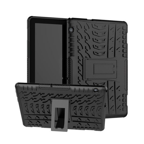 Huawei Mediapad T5 10 (10.1), Műanyag hátlap védőtok, Defender, kitámasztóval és szilikon belsővel, autógumi minta, fekete
