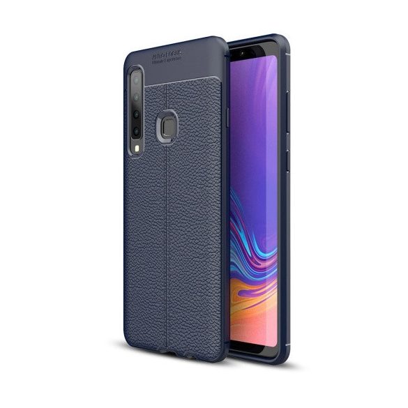 Samsung Galaxy A9 (2018) SM-A920F, TPU szilikon tok, bőrhatású, varrásminta, sötétkék