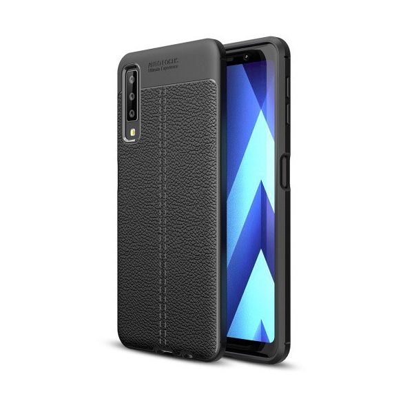 Samsung Galaxy A7 (2018) SM-A750F, TPU szilikon tok, bőrhatású, varrásminta, fekete