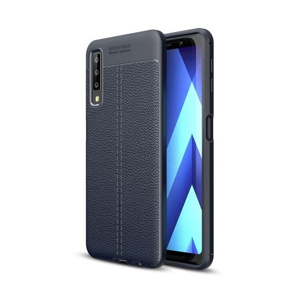 Samsung Galaxy A7 (2018) SM-A750F, TPU szilikon tok, bőrhatású, varrásminta, sötétkék