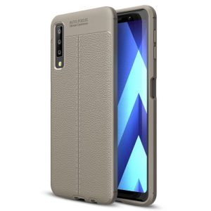 Samsung Galaxy A7 (2018) SM-A750F, TPU szilikon tok, bőrhatású, varrásminta, szürke