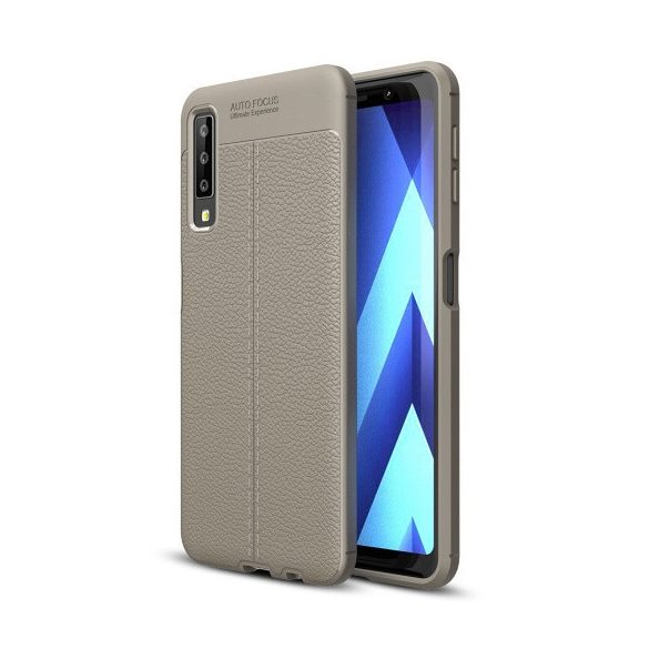 Samsung Galaxy A7 (2018) SM-A750F, TPU szilikon tok, bőrhatású, varrásminta, szürke