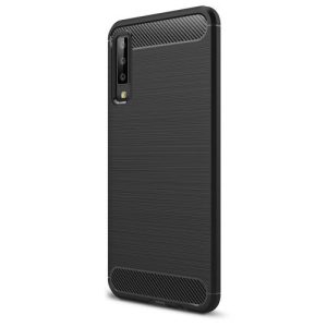 Samsung Galaxy A7 (2018) SM-A750F, TPU szilikon tok, közepesen ütésálló, szálcsiszolt, karbon minta, fekete