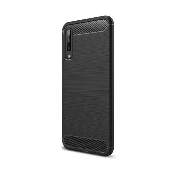 Samsung Galaxy A7 (2018) SM-A750F, TPU szilikon tok, közepesen ütésálló, szálcsiszolt, karbon minta, fekete