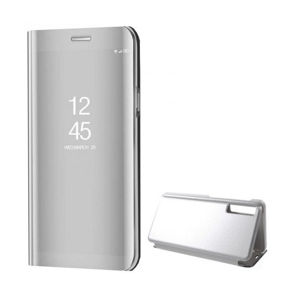 Samsung Galaxy A7 (2018) SM-A750F, Oldalra nyíló tok, hívás mutatóval, Smart View Cover, ezüst (utángyártott)