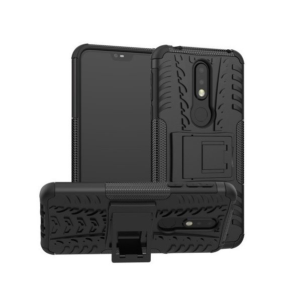 Nokia 7 (2018) / 7.1 (2018), Műanyag hátlap védőtok, Defender, kitámasztóval és szilikon belsővel, autógumi minta, fekete