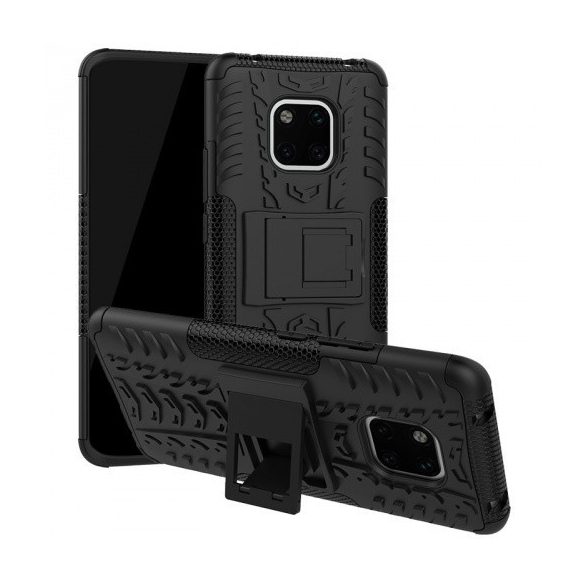 Huawei Mate 20 Pro, Műanyag hátlap védőtok, Defender, kitámasztóval és szilikon belsővel, autógumi minta, fekete
