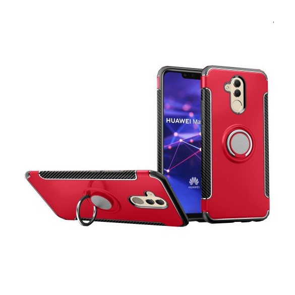 Huawei Mate 20 Lite, Műanyag hátlap védőtok, szilikon keret, telefontartó gyűrű, karbon minta, piros