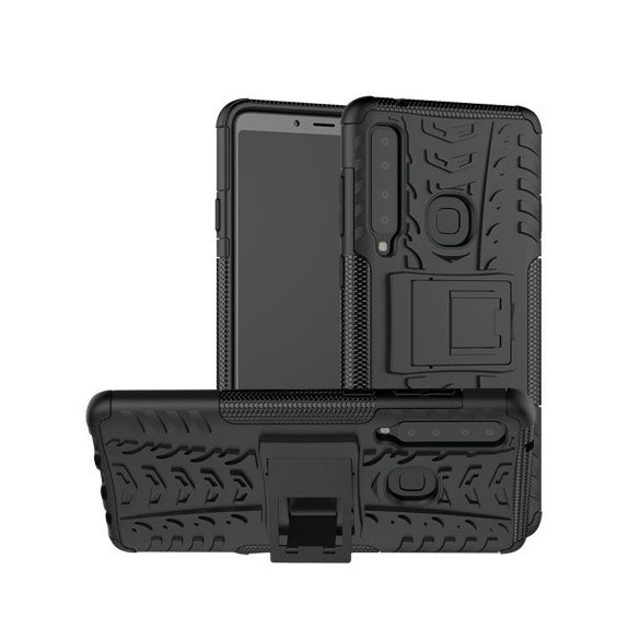 Samsung Galaxy A9 (2018) SM-A920F, Műanyag hátlap védőtok, Defender, kitámasztóval és szilikon belsővel, autógumi minta, fekete