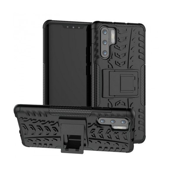 Huawei P30 Pro, Műanyag hátlap védőtok, Defender, kitámasztóval és szilikon belsővel, autógumi minta, fekete