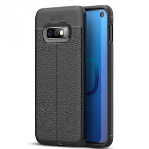 Samsung Galaxy S10e SM-G970, TPU szilikon tok, bőrhatású, varrásminta, fekete