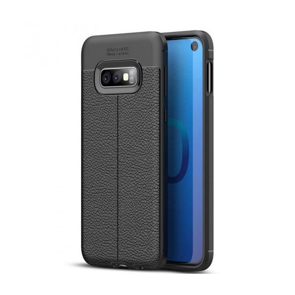 Samsung Galaxy S10e SM-G970, TPU szilikon tok, bőrhatású, varrásminta, fekete