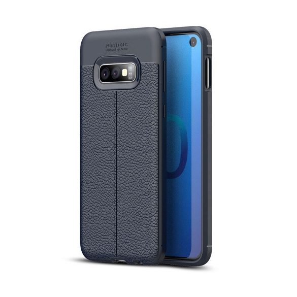 Samsung Galaxy S10e SM-G970, TPU szilikon tok, bőrhatású, varrásminta, sötétkék