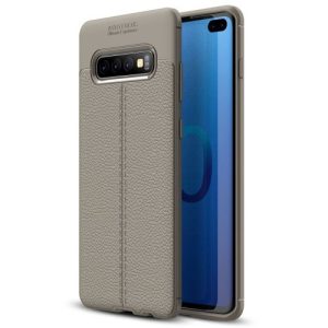 Samsung Galaxy S10 Plus SM-G975, TPU szilikon tok, bőrhatású, varrásminta, szürke