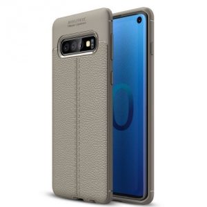 Samsung Galaxy S10 SM-G973, TPU szilikon tok, bőrhatású, varrásminta, szürke