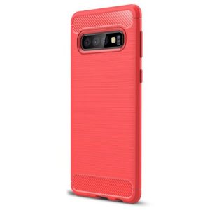 Samsung Galaxy S10 SM-G973, TPU szilikon tok, közepesen ütésálló, szálcsiszolt, karbon minta, piros