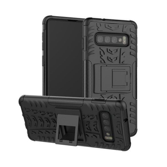 Samsung Galaxy S10 Plus SM-G975, Műanyag hátlap védőtok, Defender, kitámasztóval és szilikon belsővel, autógumi minta, fekete