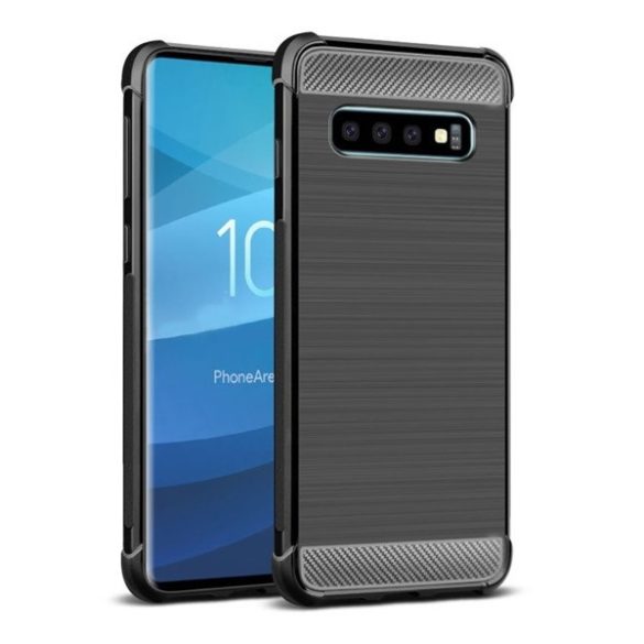 Samsung Galaxy S10 Plus SM-G975, TPU szilikon tok, közepesen ütésálló, szálcsiszolt, karbon minta, IMAK VEGA, fekete