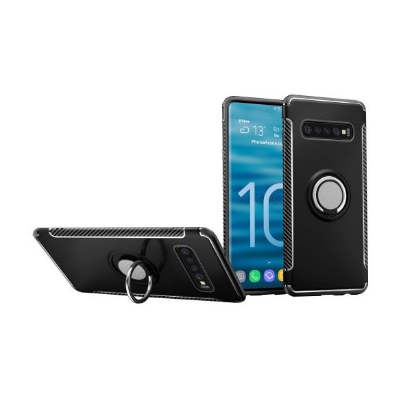 Samsung Galaxy S10 SM-G973, Műanyag hátlap védőtok, szilikon keret, telefontartó gyűrű, karbon minta, fekete