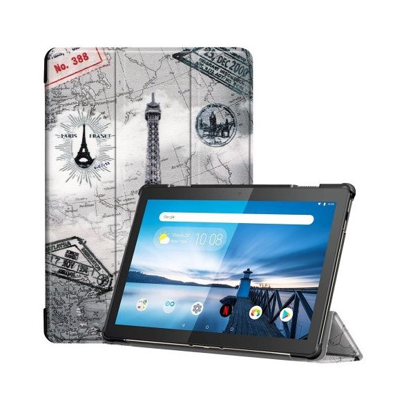 Lenovo Tab M10 (10.1) TB-X605F, mappa tok, Eiffel torony, térkép minta, Trifold, szürke