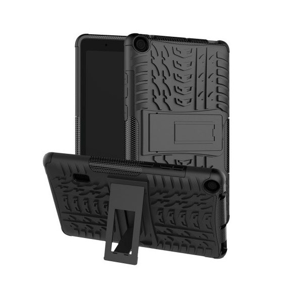 Huawei Mediapad T3 7.0, Műanyag hátlap védőtok, Defender, kitámasztóval és szilikon belsővel, autógumi minta, fekete