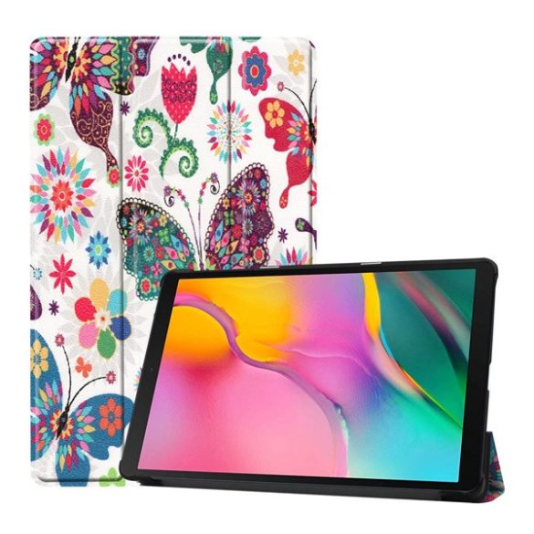 Samsung Galaxy Tab A 10.1 (2019) SM-T510 / T515, mappa tok, Trifold, színes nagy pillangó minta, fehér