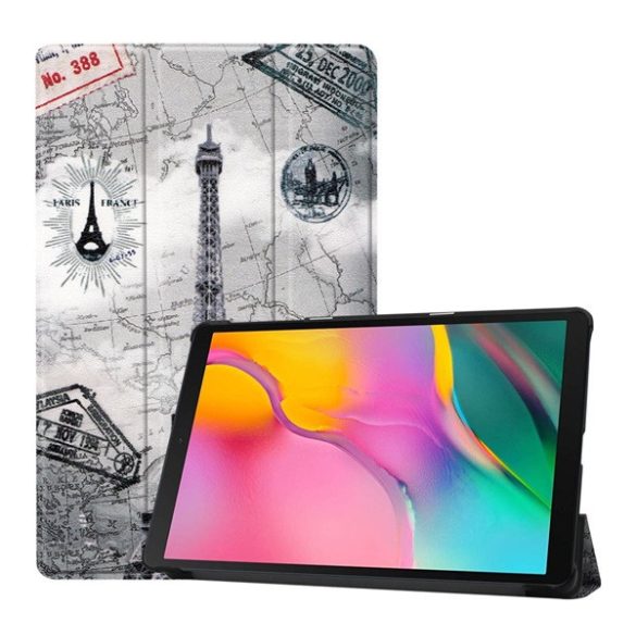 Samsung Galaxy Tab A 10.1 (2019) SM-T510 / T515, mappa tok, Eiffel torony, térkép minta, Trifold, szürke