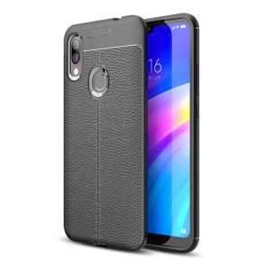 Xiaomi Redmi 7, TPU szilikon tok, bőrhatású, varrásminta, fekete