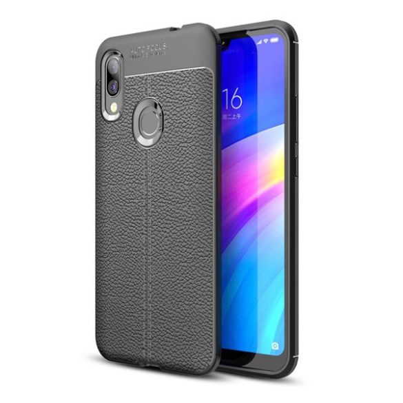 Xiaomi Redmi 7, TPU szilikon tok, bőrhatású, varrásminta, fekete